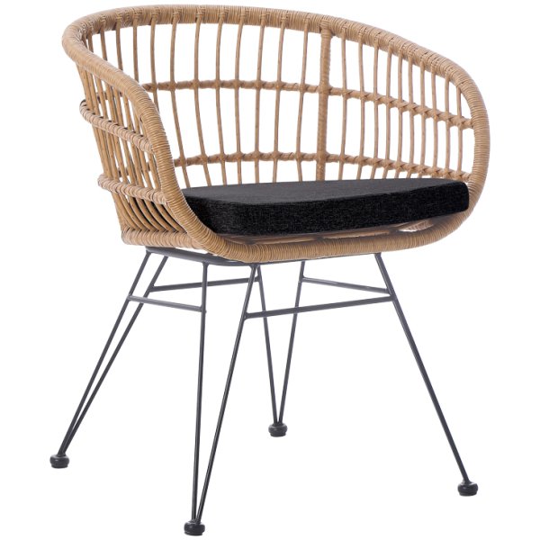 Πολυθρόνα Naoki  με μαξιλάρι pe rattan σε φυσική απόχρωση και μαύρα μεταλλικά πόδια 63x61x79εκ