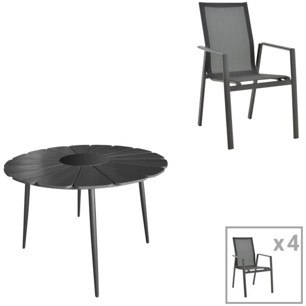 Τραπεζαρία Pinap-Dashiell σετ 5τεμ  μαύρο αλουμίνιο και plywood σε μαύρη απόχρωση Φ110x74εκ