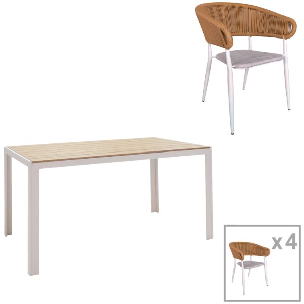 Τραπεζαρία Nares-Raven A σετ 5τεμ λευκό αλουμίνιο και plywood σε φυσική απόχρωση 140x80x72.5εκ