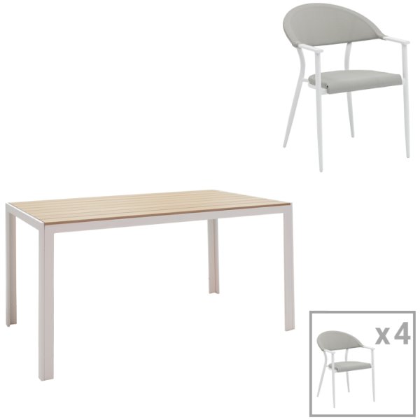 Τραπεζαρία Nares-Pino A σετ 5τεμ λευκό αλουμίνιο και plywood σε φυσική απόχρωση 140x80x72.5εκ